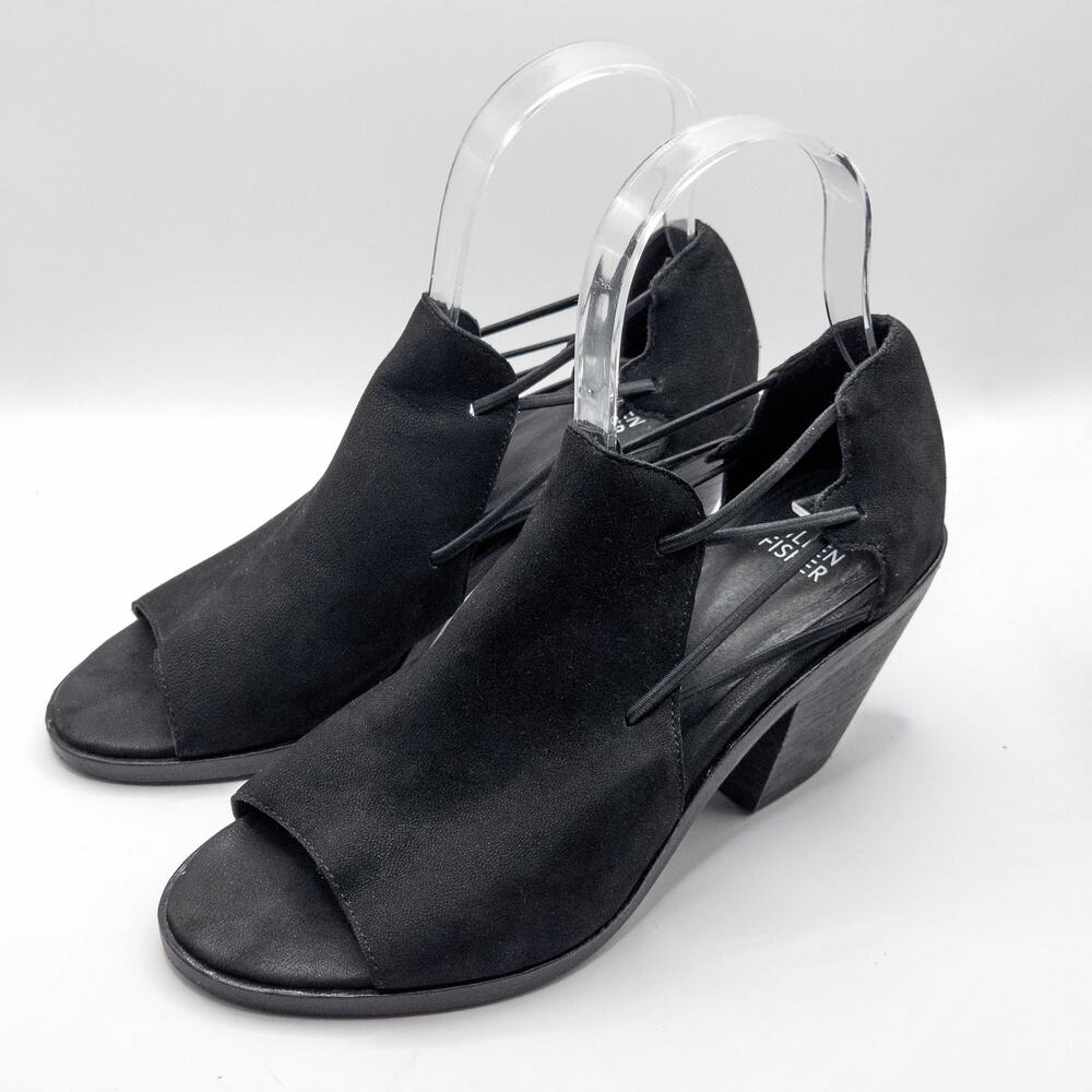 Eileen Fisher Black Suede Block Heel Sandals Size 7 Minimalist Quiet Luxury